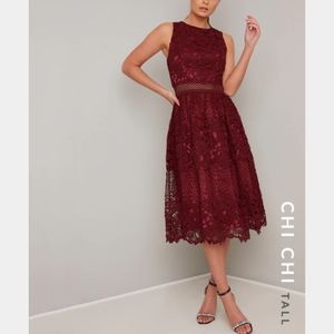 Chi Chi London tall burgundy lace crochet dress